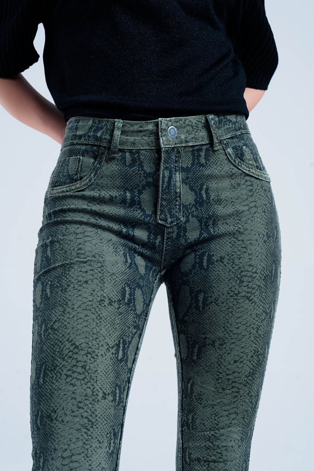 Green Skinny Reversible Jeans with Snake Print