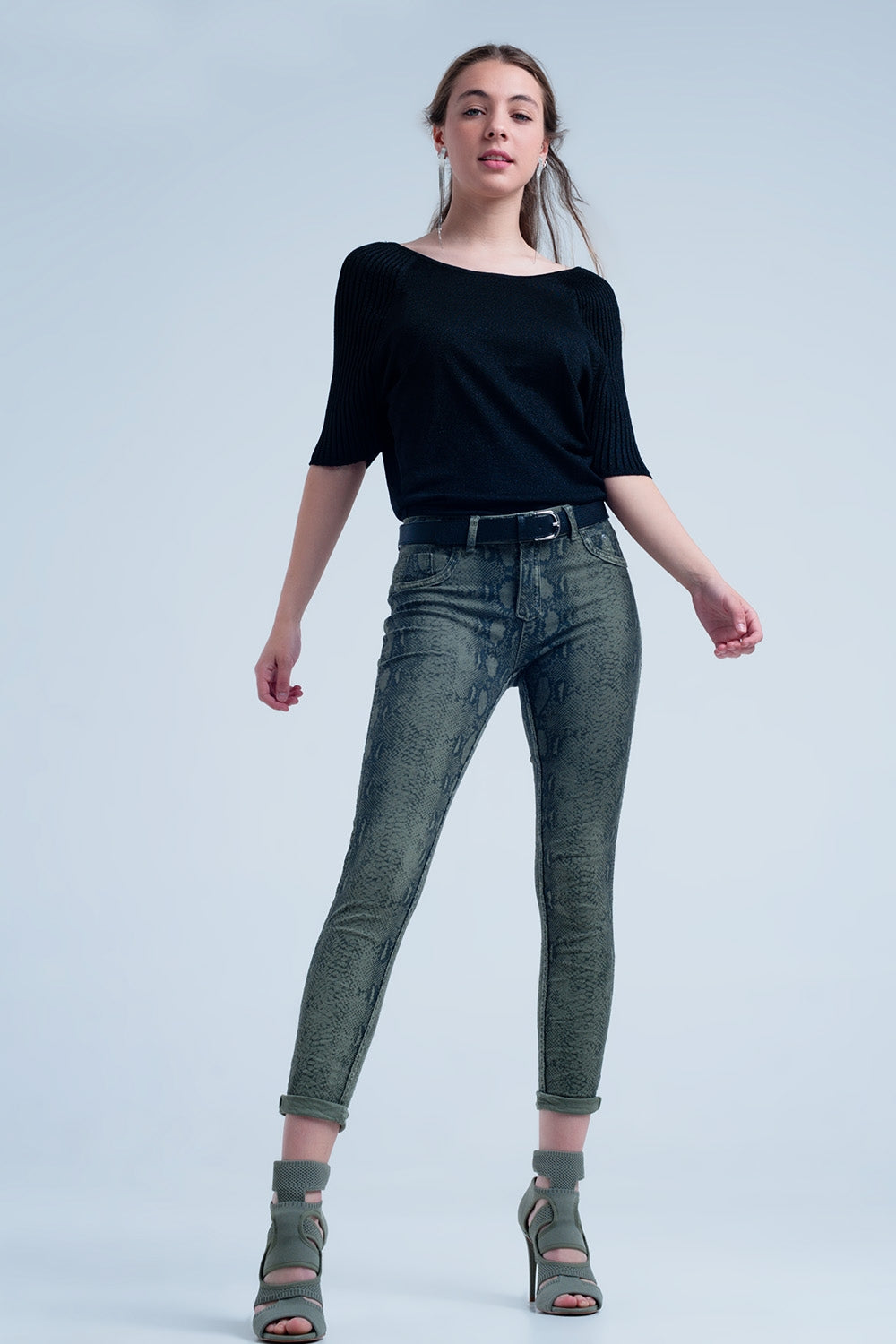 Green Skinny Reversible Jeans with Snake Print