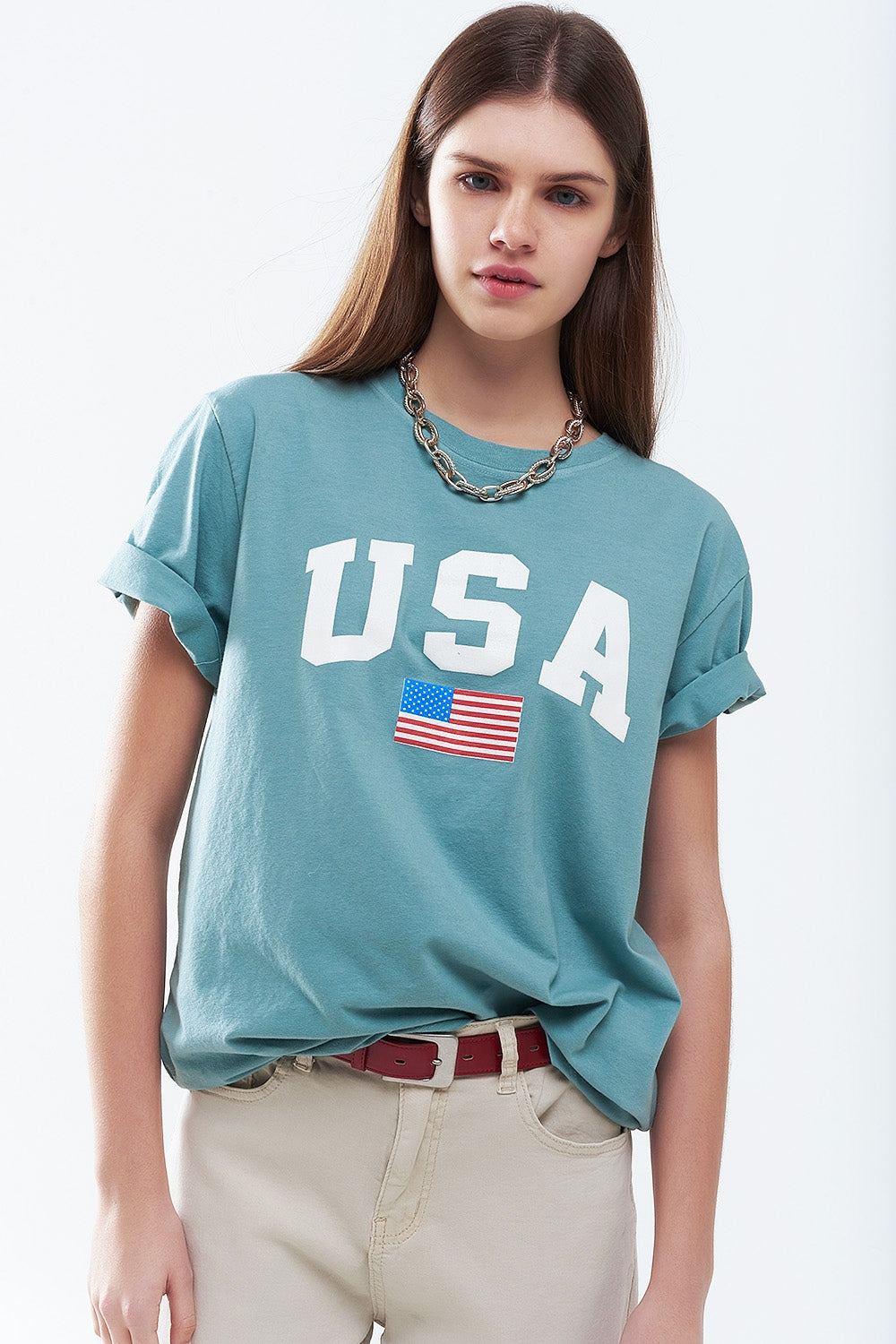 Green Loose Long T-Shirt with USA Logo