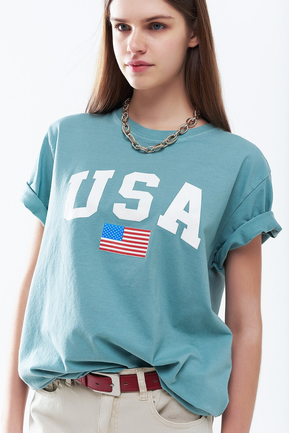 Green Loose Long T-Shirt with USA Logo
