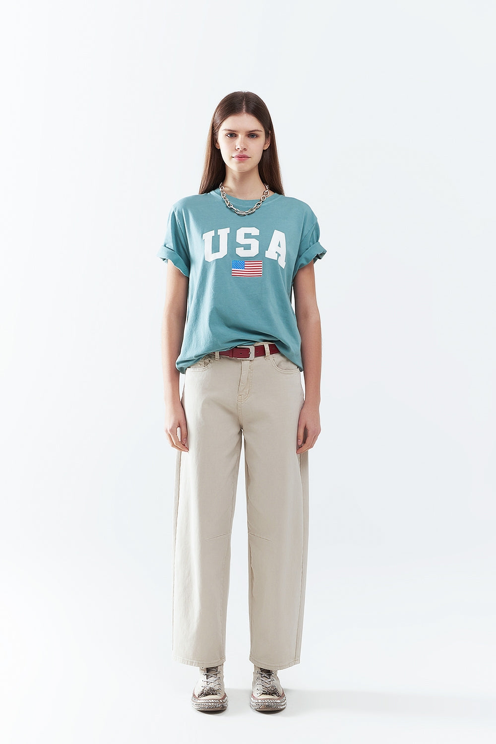 Green Loose Long T-Shirt with USA Logo