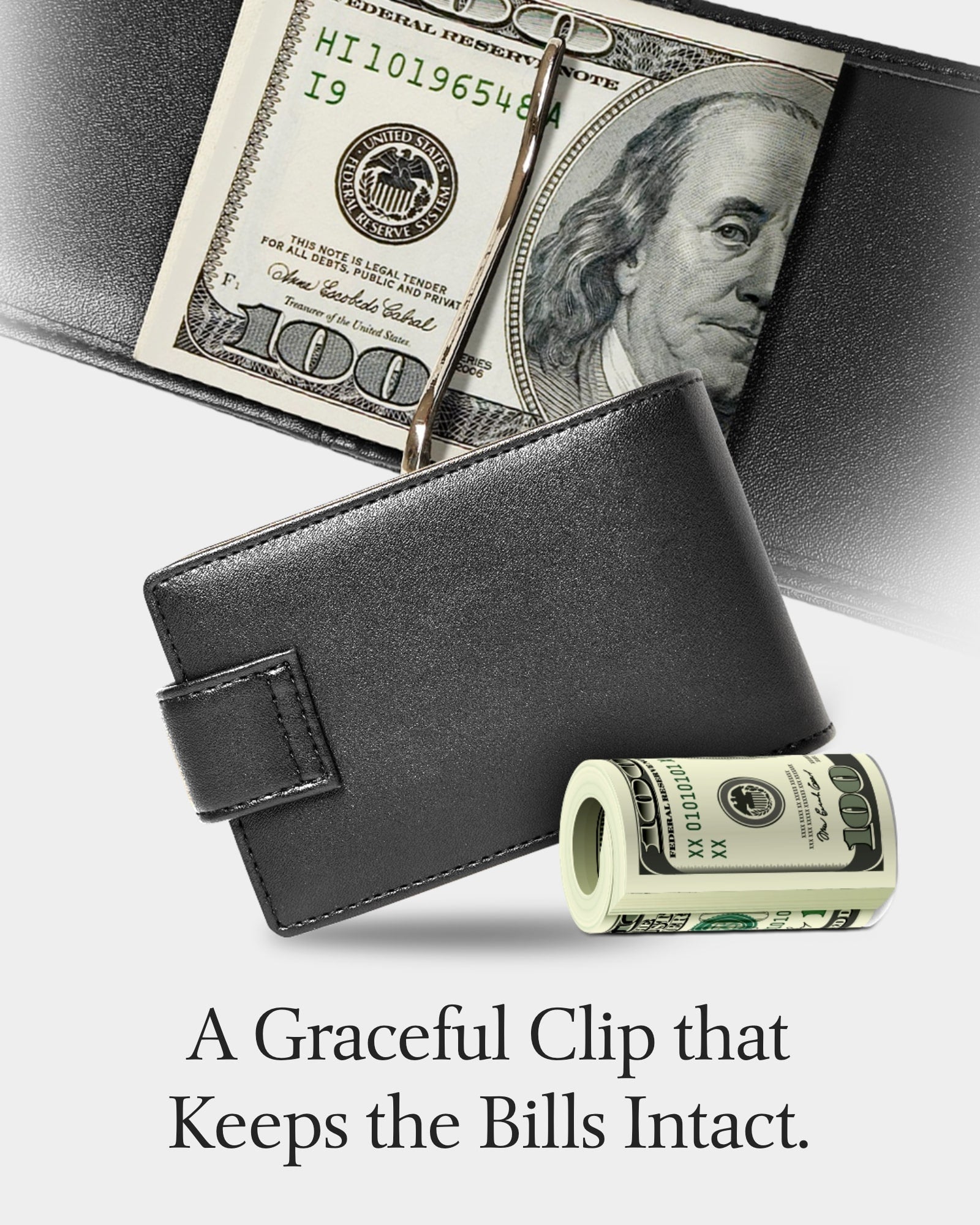 Bifold Wallet with Removable Money Clip Snap Closure