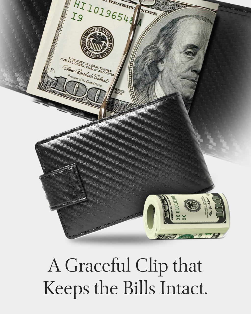 Bifold Wallet with Removable Money Clip Snap Closure