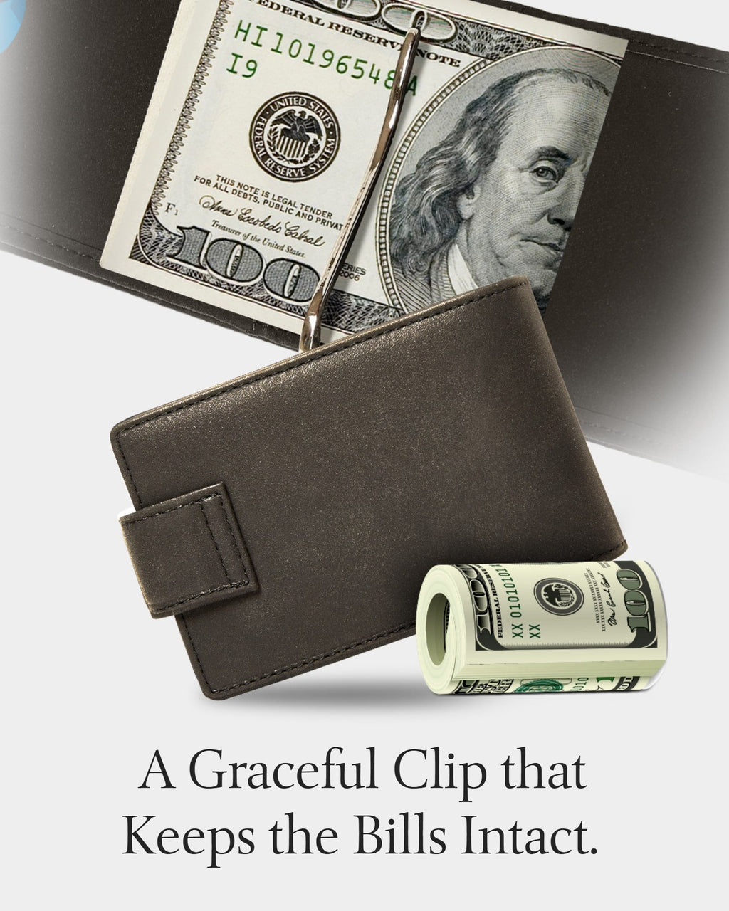Bifold Wallet with Removable Money Clip Snap Closure