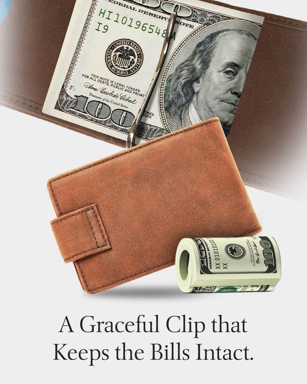 Bifold Wallet with Removable Money Clip Snap Closure