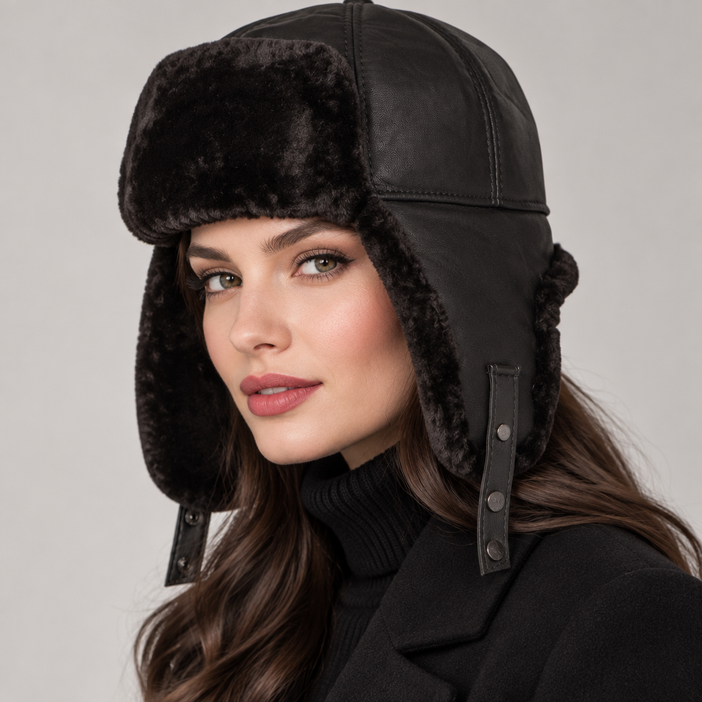 Sakkas Leather Shearling Unisex Faux Mink Fur Aviator Russian Ushanka Trapper Winter Ear Flaps Warm Hat Chin Strap