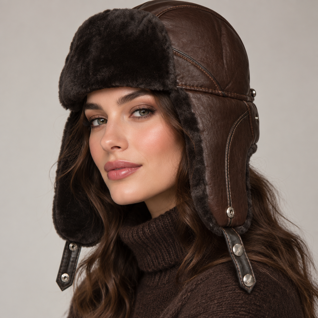 Sakkas Samy Adjustable Leather Shearling Unisex Aviator Russian Ushanka Trapper Winter Hat Faux Fur