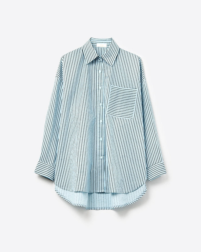 High-Low Oversized Striped Shirt with Chest Pocket in Black and Blue