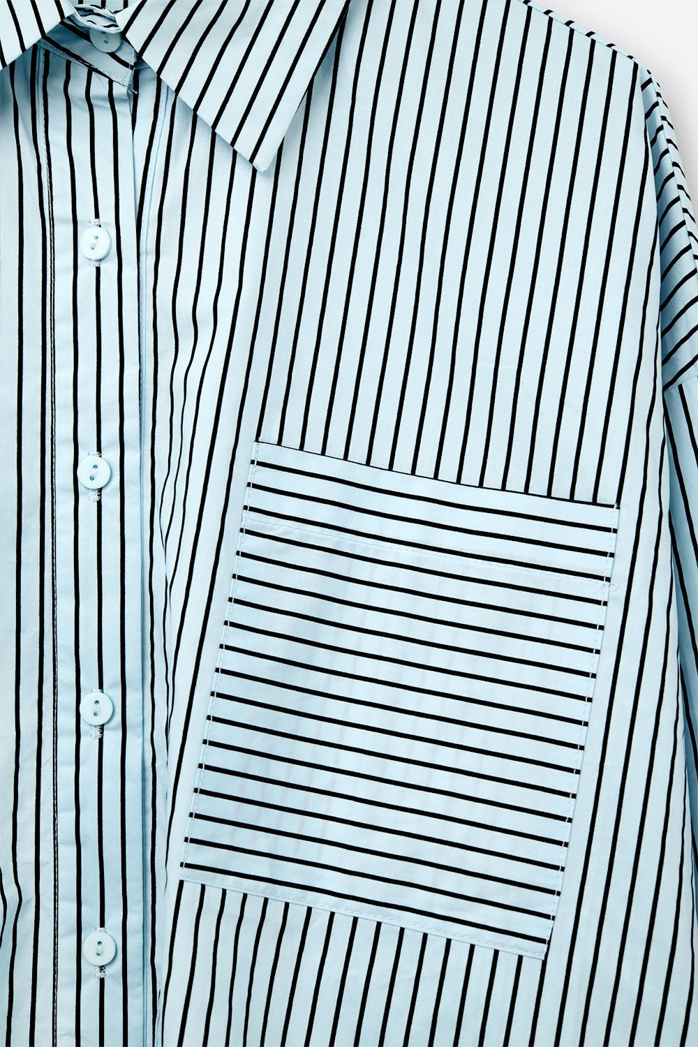 High-Low Oversized Striped Shirt with Chest Pocket in Black and Blue