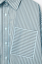 High-Low Oversized Striped Shirt with Chest Pocket in Black and Blue