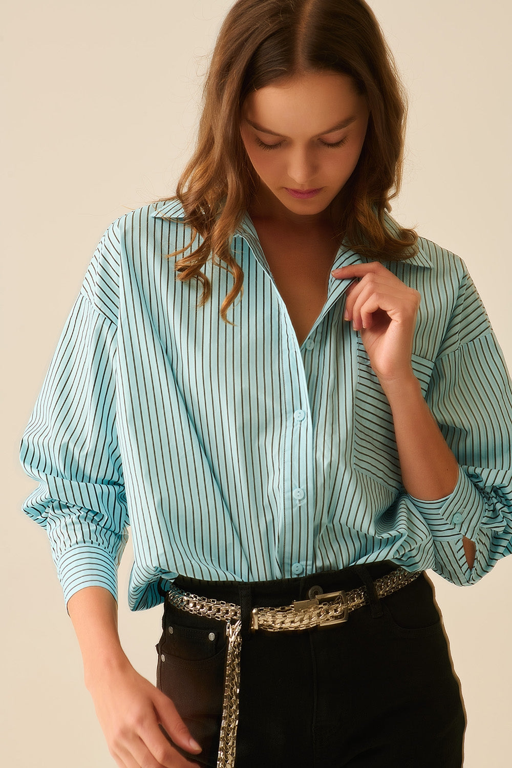 High-Low Oversized Striped Shirt with Chest Pocket in Black and Blue