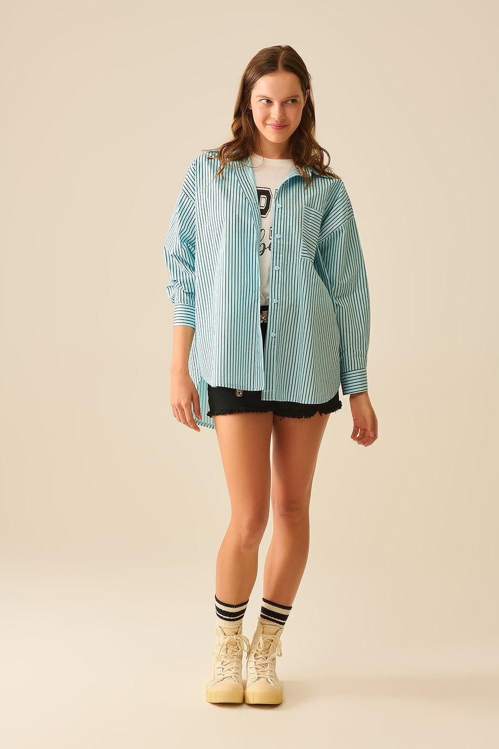 High-Low Oversized Striped Shirt with Chest Pocket in Black and Blue