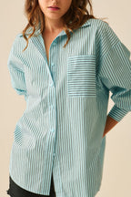 High-Low Oversized Striped Shirt with Chest Pocket in Black and Blue
