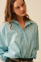 High-Low Oversized Striped Shirt with Chest Pocket in Black and Blue