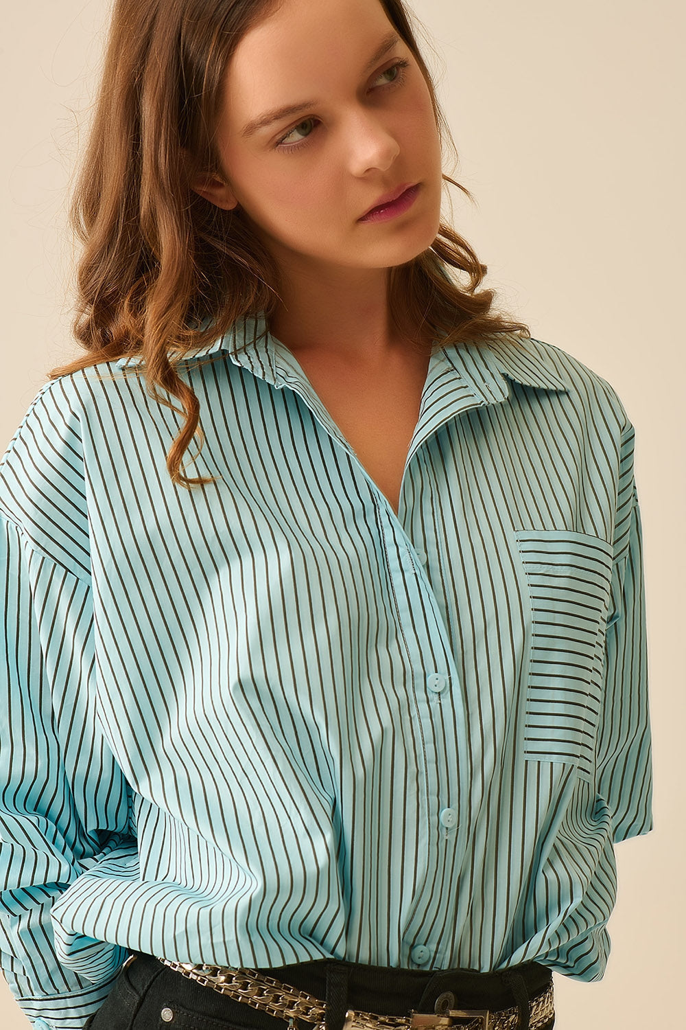 High-Low Oversized Striped Shirt with Chest Pocket in Black and Blue