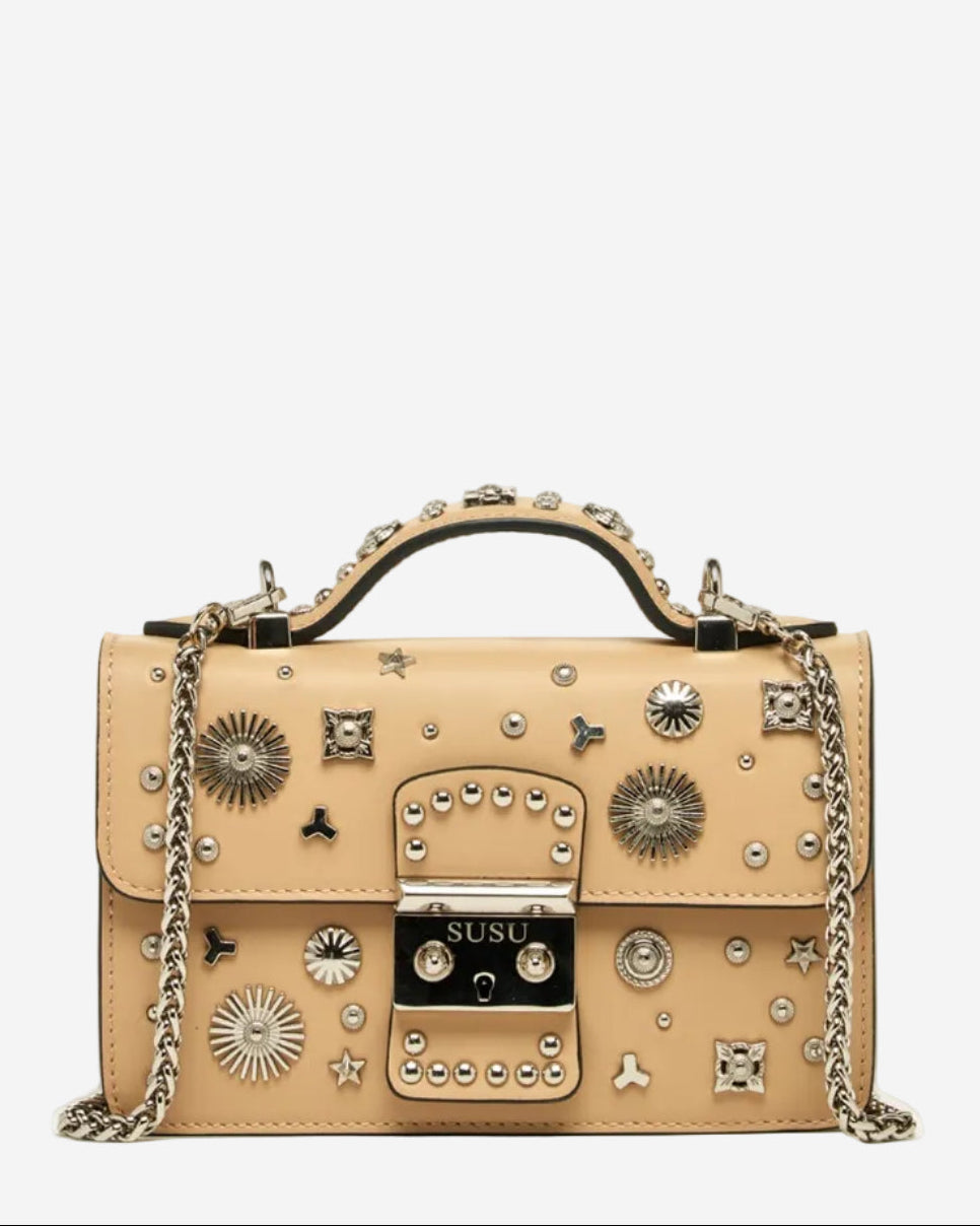 SUSU Small Leather Crossbody Bag Studded Dark Beige