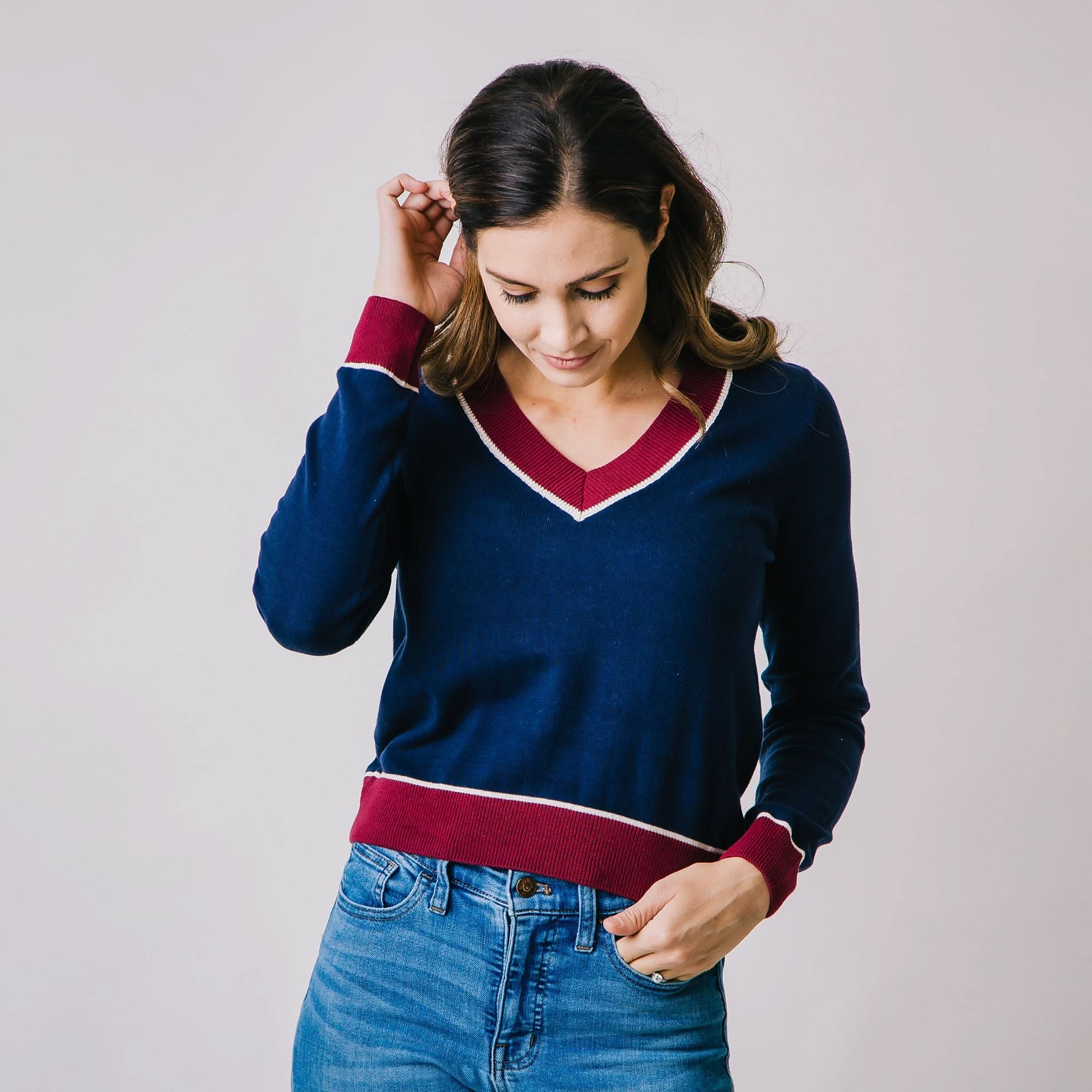 V-Neck Sweater | Navy & Berry