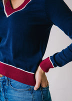 V-Neck Sweater | Navy & Berry
