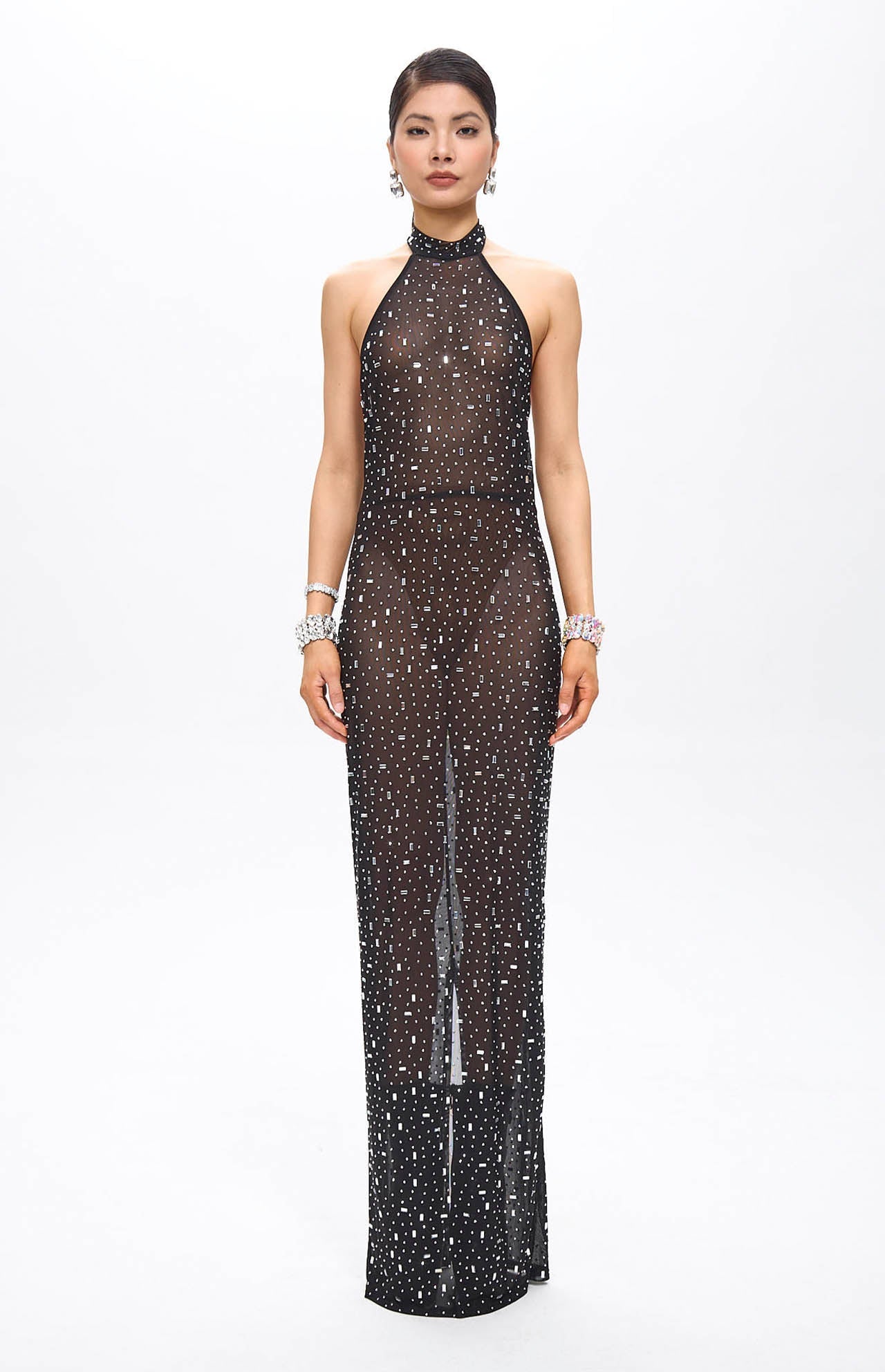Huna Crystal Embellished Backless Maxi Dress Black