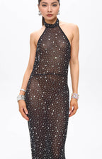 Huna Crystal Embellished Backless Maxi Dress Black