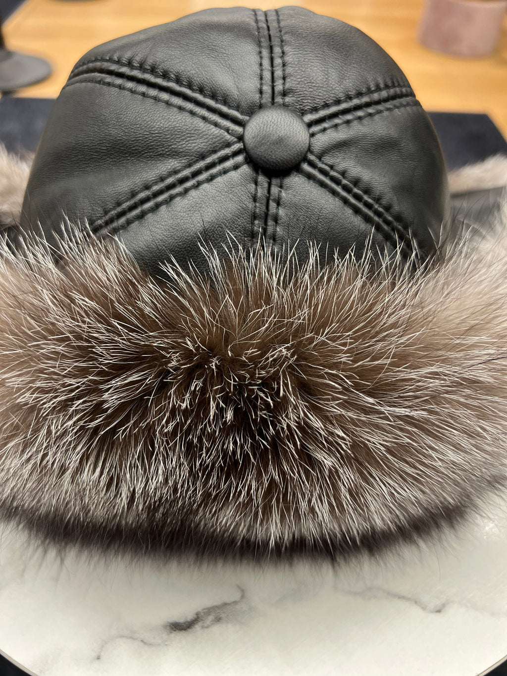 Genuine Silver Fox Fur Leather Hat