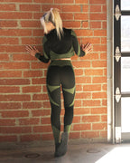 Trois Seamless Jacket, Leggings & Sports Top 3 Set | Black and Green