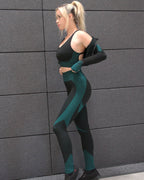 Trois Seamless Jacket, Leggings & Sports Top 3 Set | Black and Teal Blue