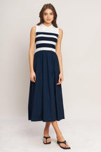 Stripe Elegance Sweater Woven Midi Dress
