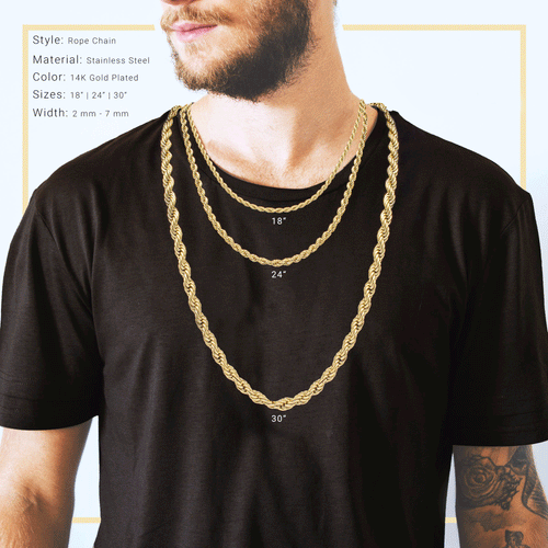 14K Gold Plated Rope Chain Twisted Link Necklace 18"-30" Length | W 2-7 mm