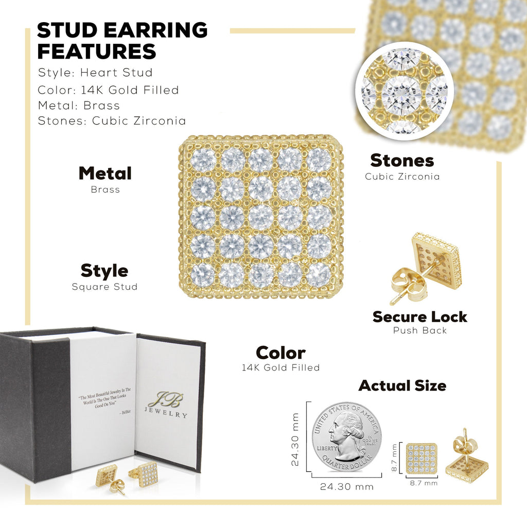 Square 17 CZ Earrings 14K Gold Filled Silver Hip Hop Studs