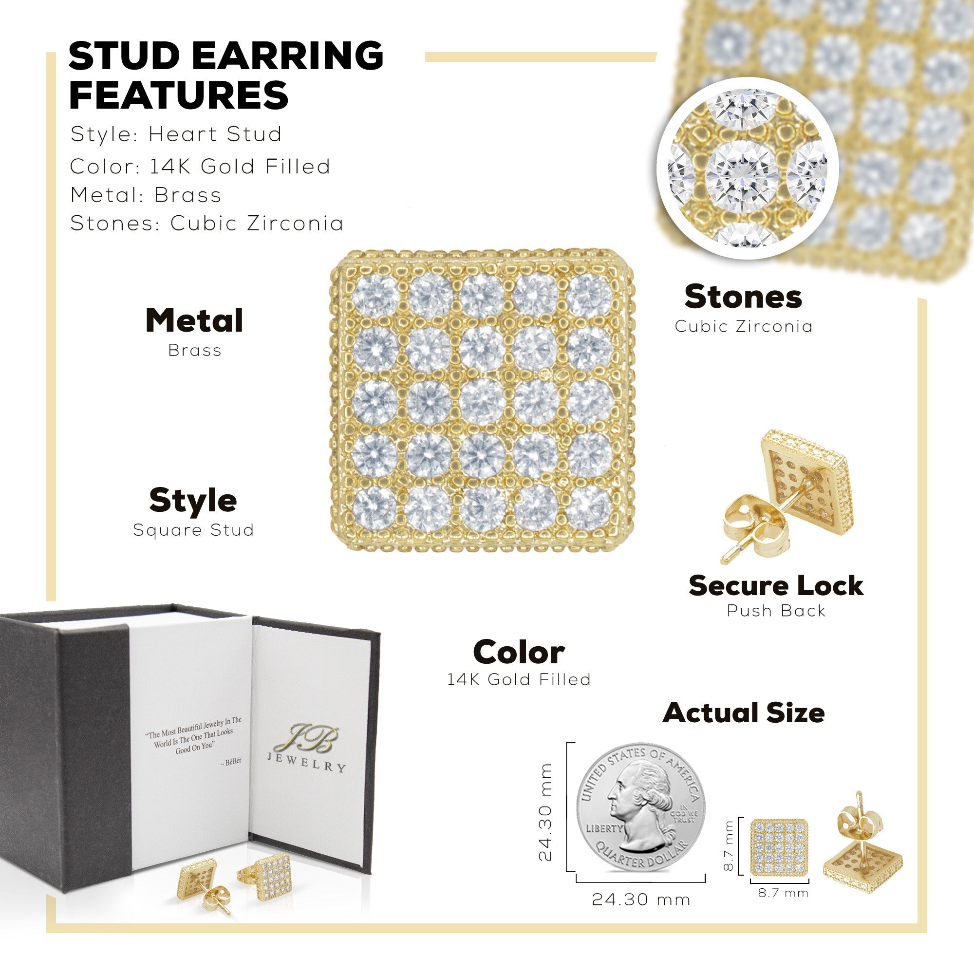 Square 17 CZ Earrings 14K Gold Filled Silver Hip Hop Studs