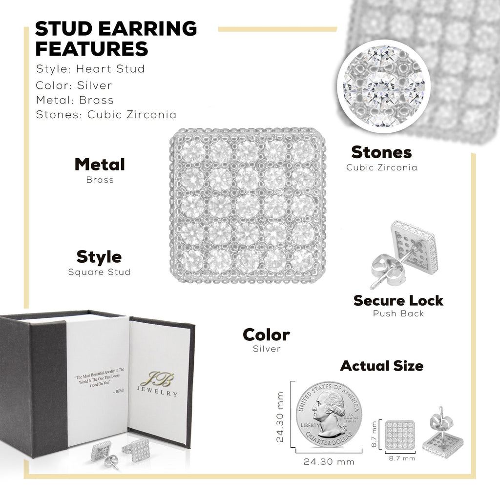 Square 17 CZ Earrings 14K Gold Filled Silver Hip Hop Studs