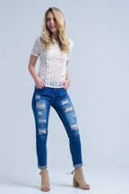 Jean with Shredded Rips and Raw-Cut Cuffs