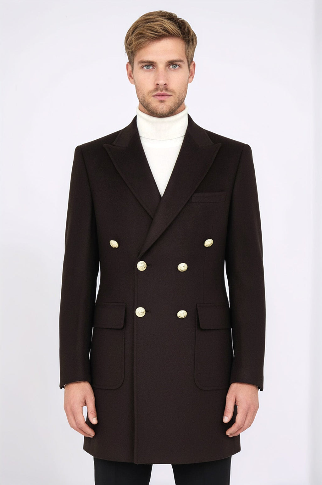 Brown Metal Buttoned Double Breasted Long Coat Wessi