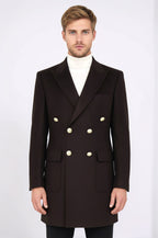 Brown Metal Buttoned Double Breasted Long Coat Wessi