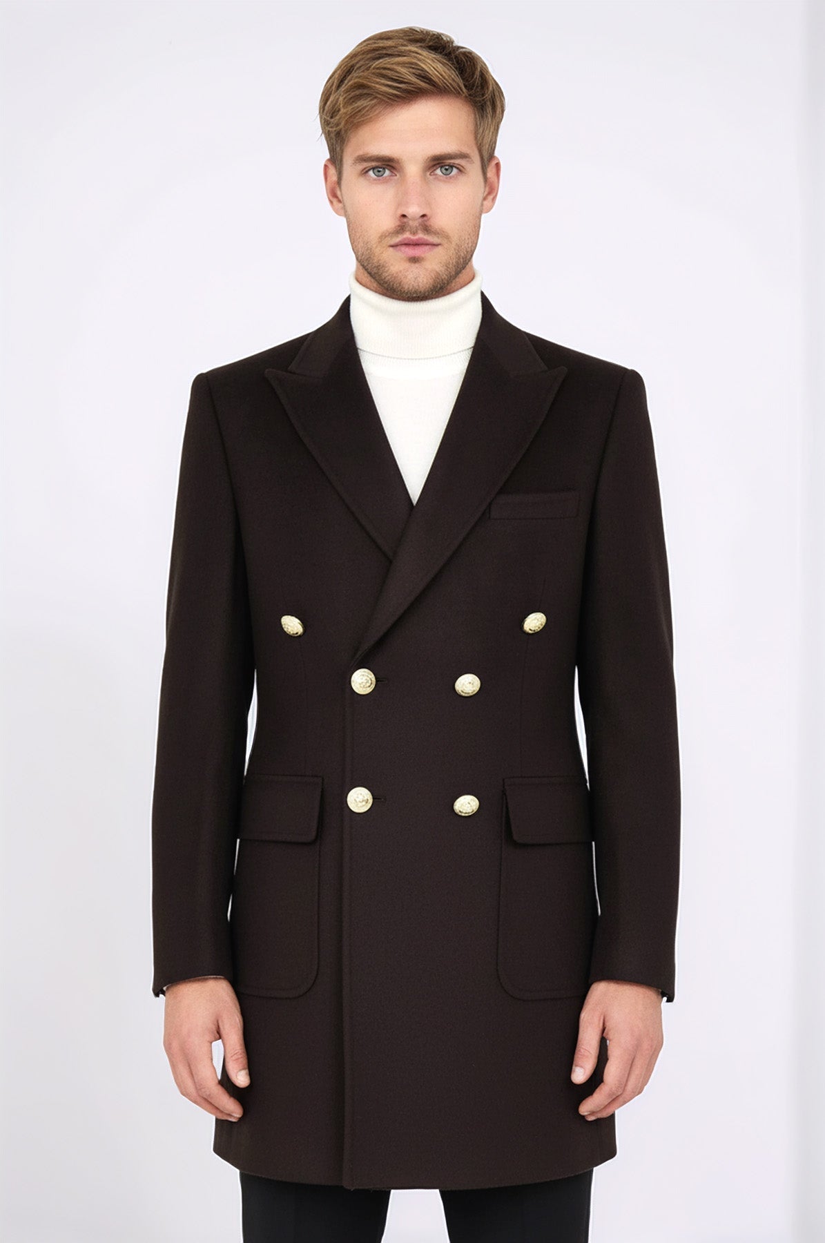 Brown Metal Buttoned Double Breasted Long Coat Wessi