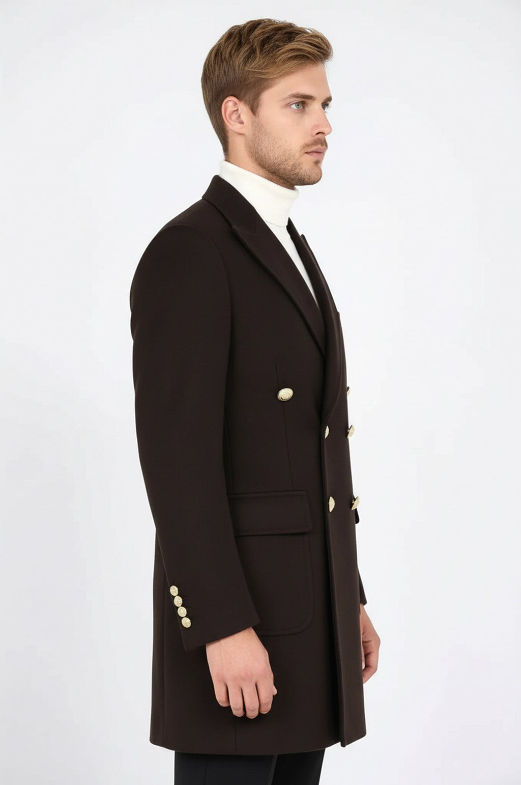 Brown Metal Buttoned Double Breasted Long Coat Wessi