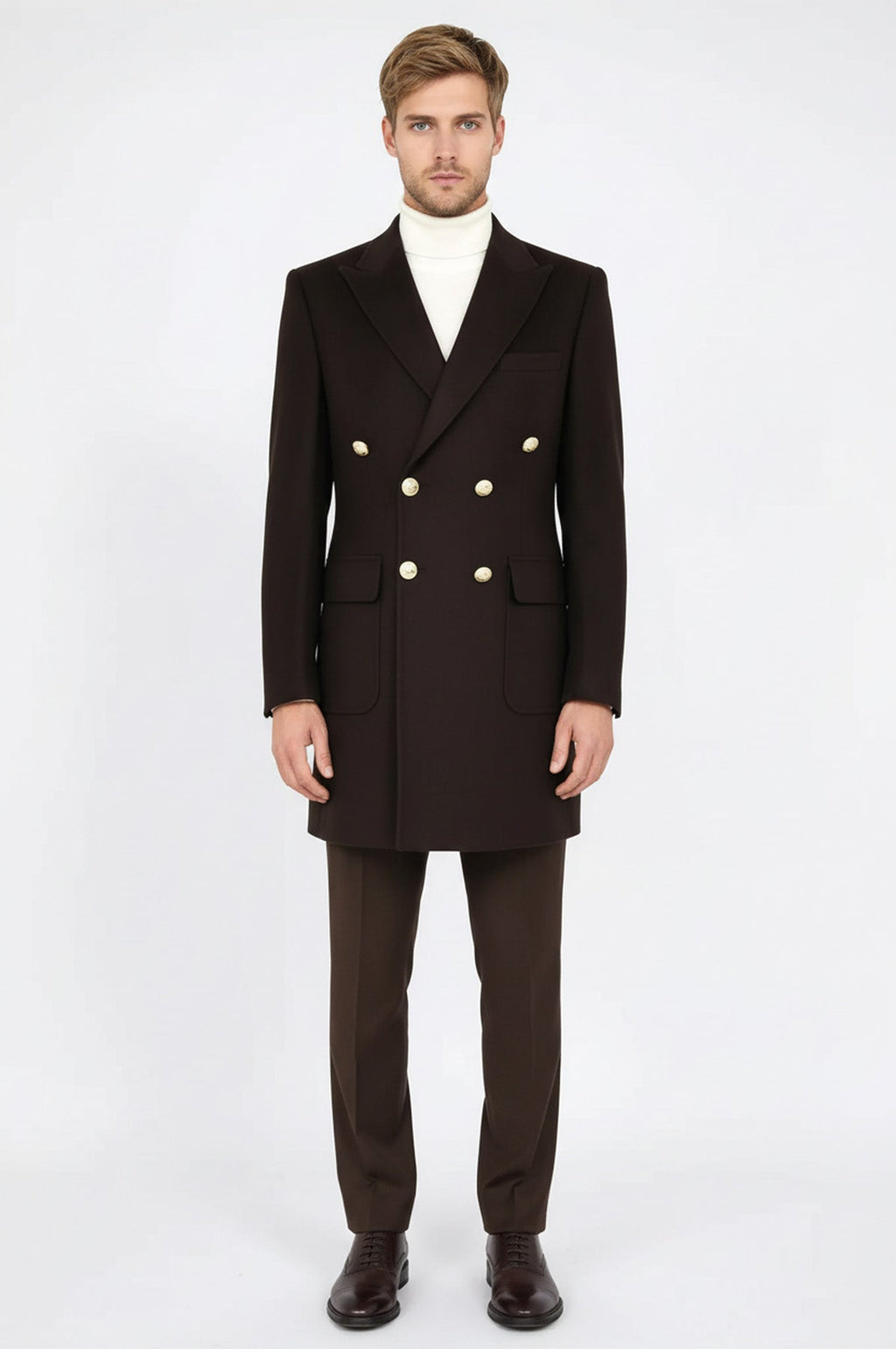 Brown Metal Buttoned Double Breasted Long Coat Wessi