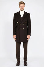 Brown Metal Buttoned Double Breasted Long Coat Wessi