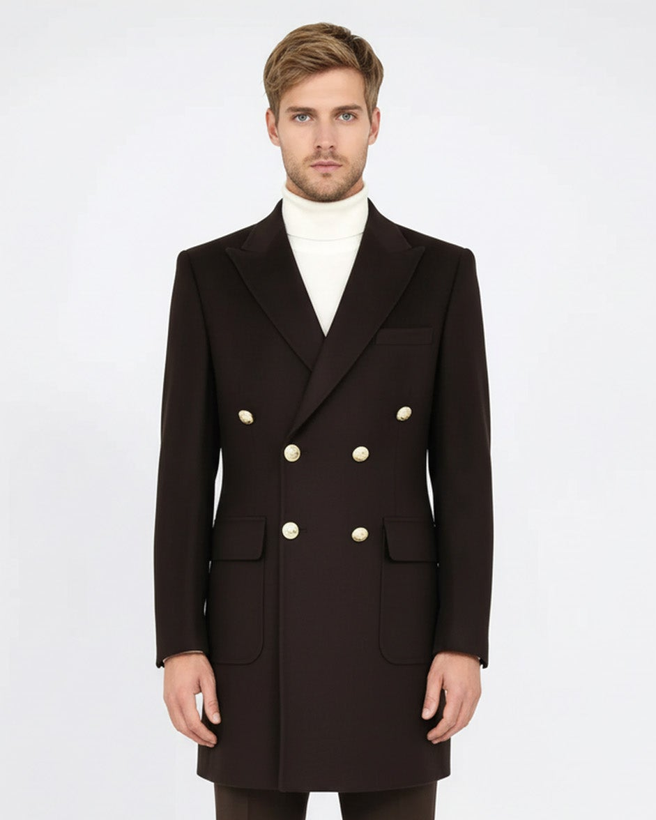 Brown Metal Buttoned Double Breasted Long Coat Wessi