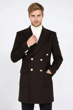 Brown Metal Buttoned Double Breasted Long Coat Wessi