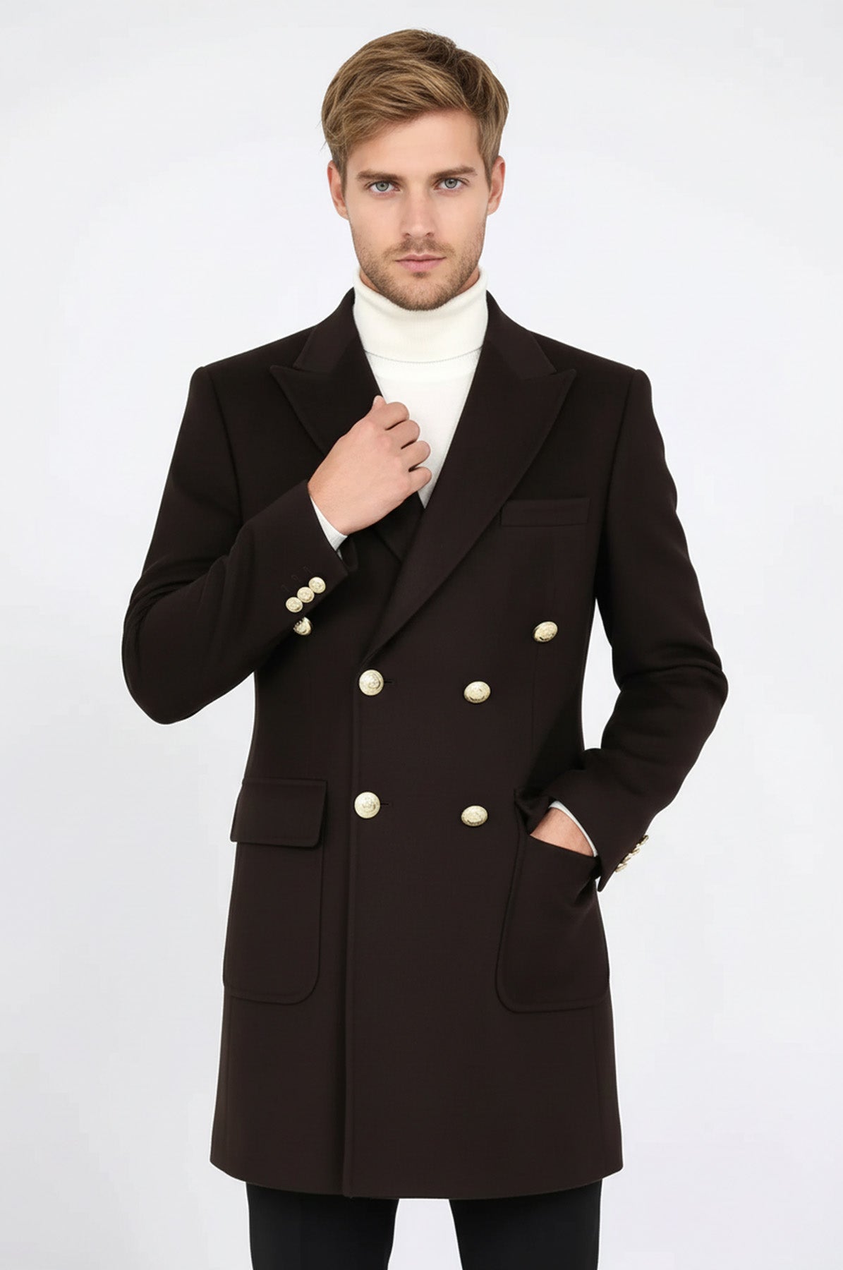 Brown Metal Buttoned Double Breasted Long Coat Wessi