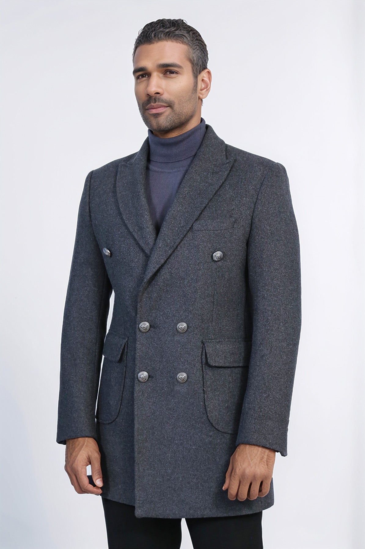 Dark Grey Metal Buttoned Double Breasted Long Coat Wessi