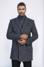 Dark Grey Metal Buttoned Double Breasted Long Coat Wessi
