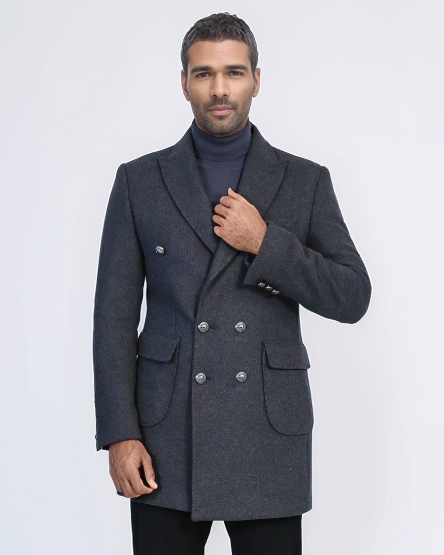 Dark Grey Metal Buttoned Double Breasted Long Coat Wessi