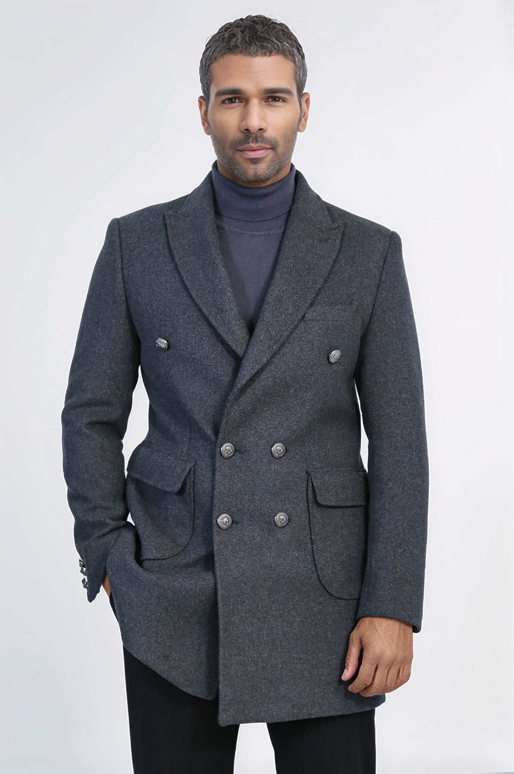 Dark Grey Metal Buttoned Double Breasted Long Coat Wessi