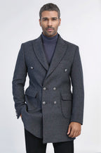 Dark Grey Metal Buttoned Double Breasted Long Coat Wessi
