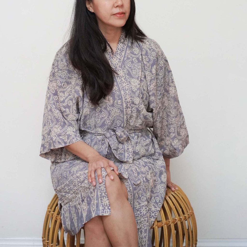Hand Dyed Batik Robe Kimono | Gray & Silver Petals