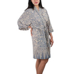 Hand Dyed Batik Robe Kimono | Gray & Silver Petals