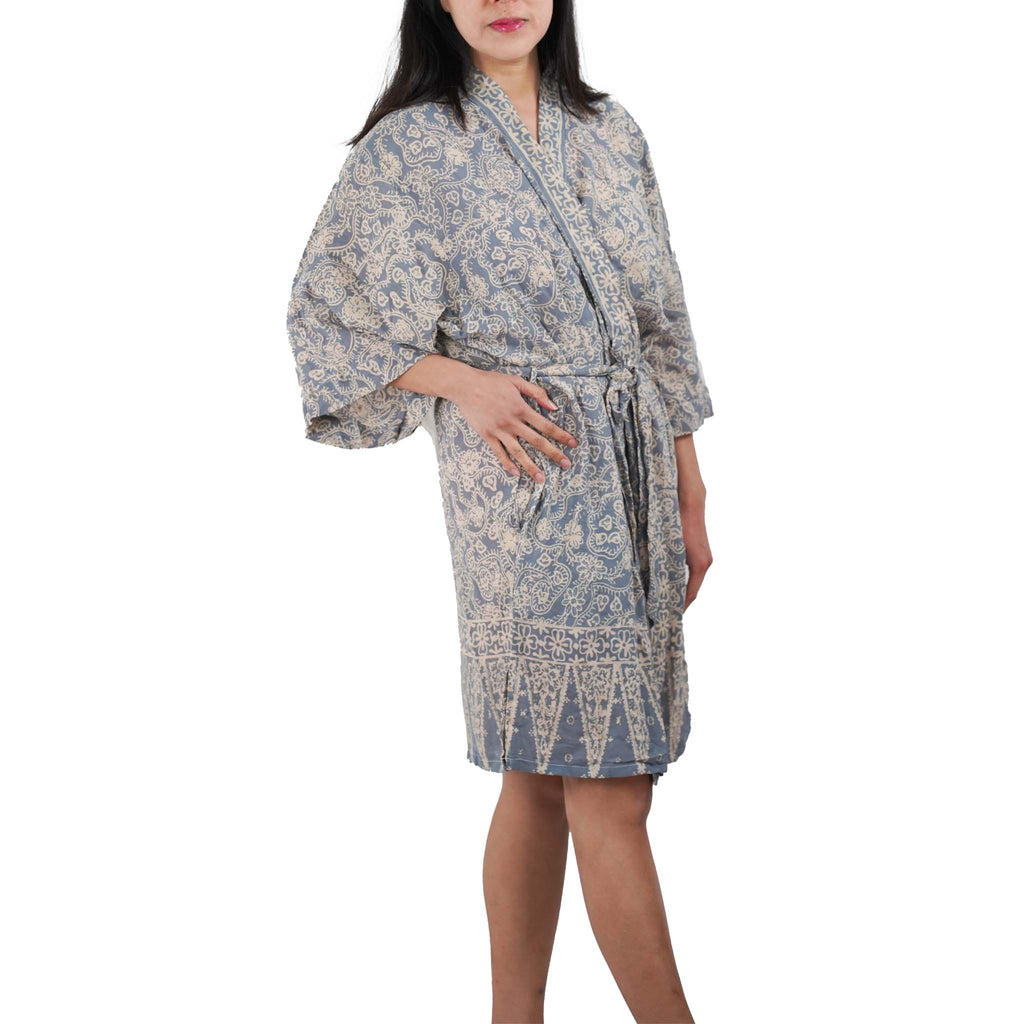 Hand Dyed Batik Robe Kimono | Gray & Silver Petals